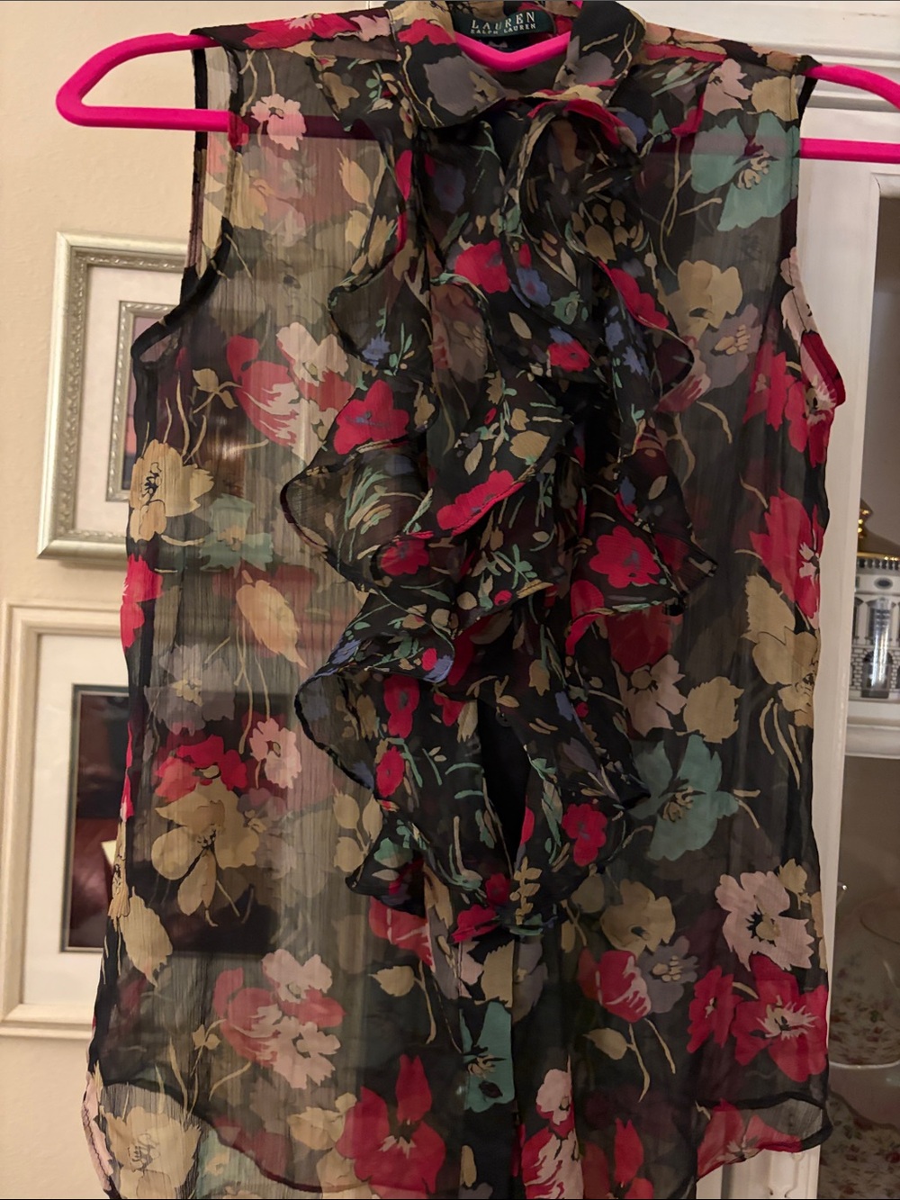 Ralph Lauren vintage sleeveless sheer floral on black ruffle placket size 2.